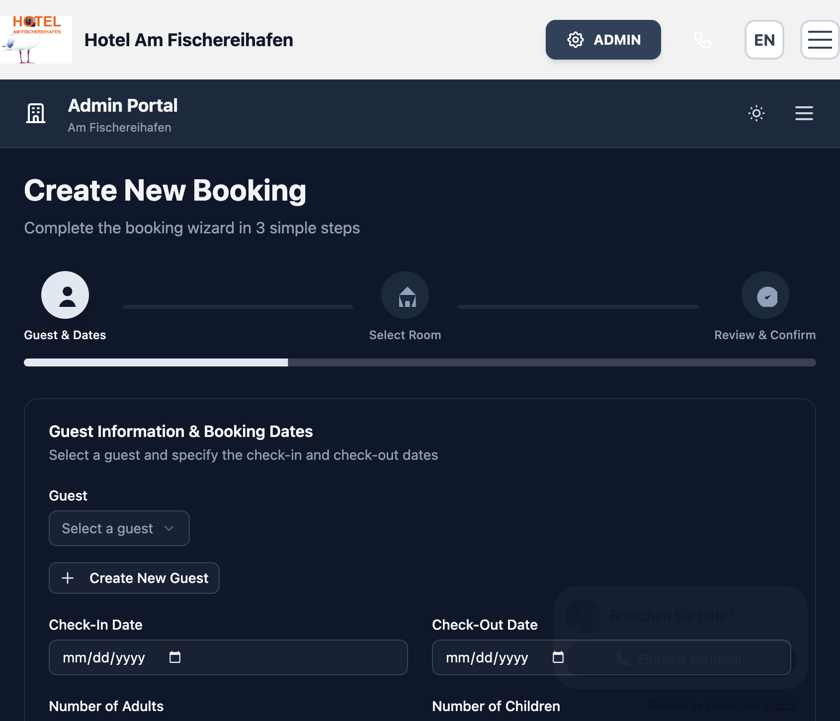 Booking wizard with guest details and charges