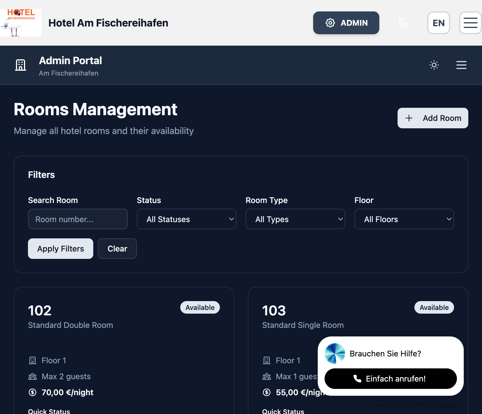 Rooms list with statuses in GROBE.STAY